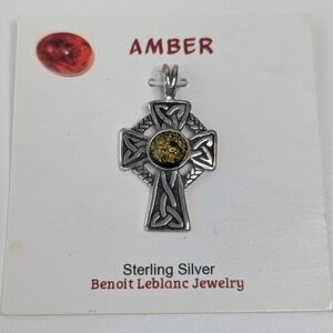 Sterling & Amber Celtic Cross Pendant NWT